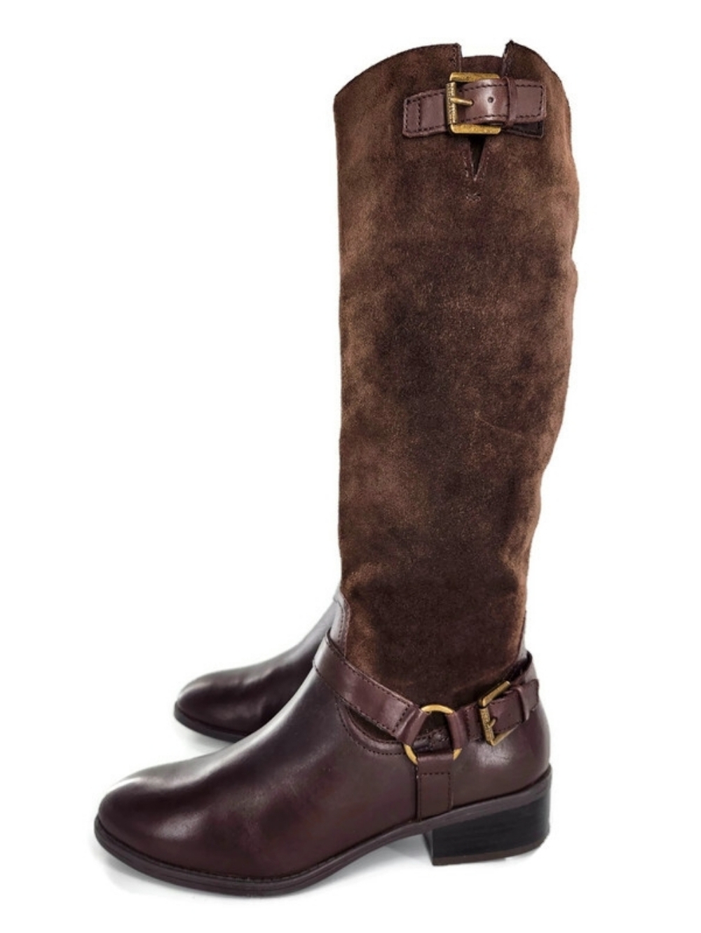 Lauren Ralph Lauren McLeod Brown Leather & Suede Harness Knee-High Riding Boots - Picture 4 of 15